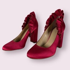 Anthropologie Botkier Raspberry Pink Satin Ruffle Vienna Block Heels 6